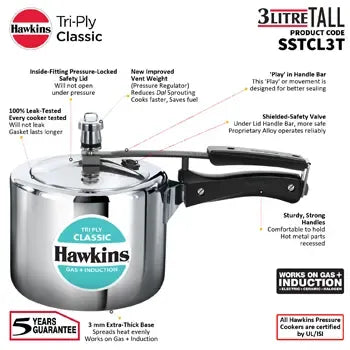 Hawkins Tri-Ply Stainless Steel Classic Pressure Cooker (3 Litre Tall, Induction Compatible) (SSTCL 3T)
