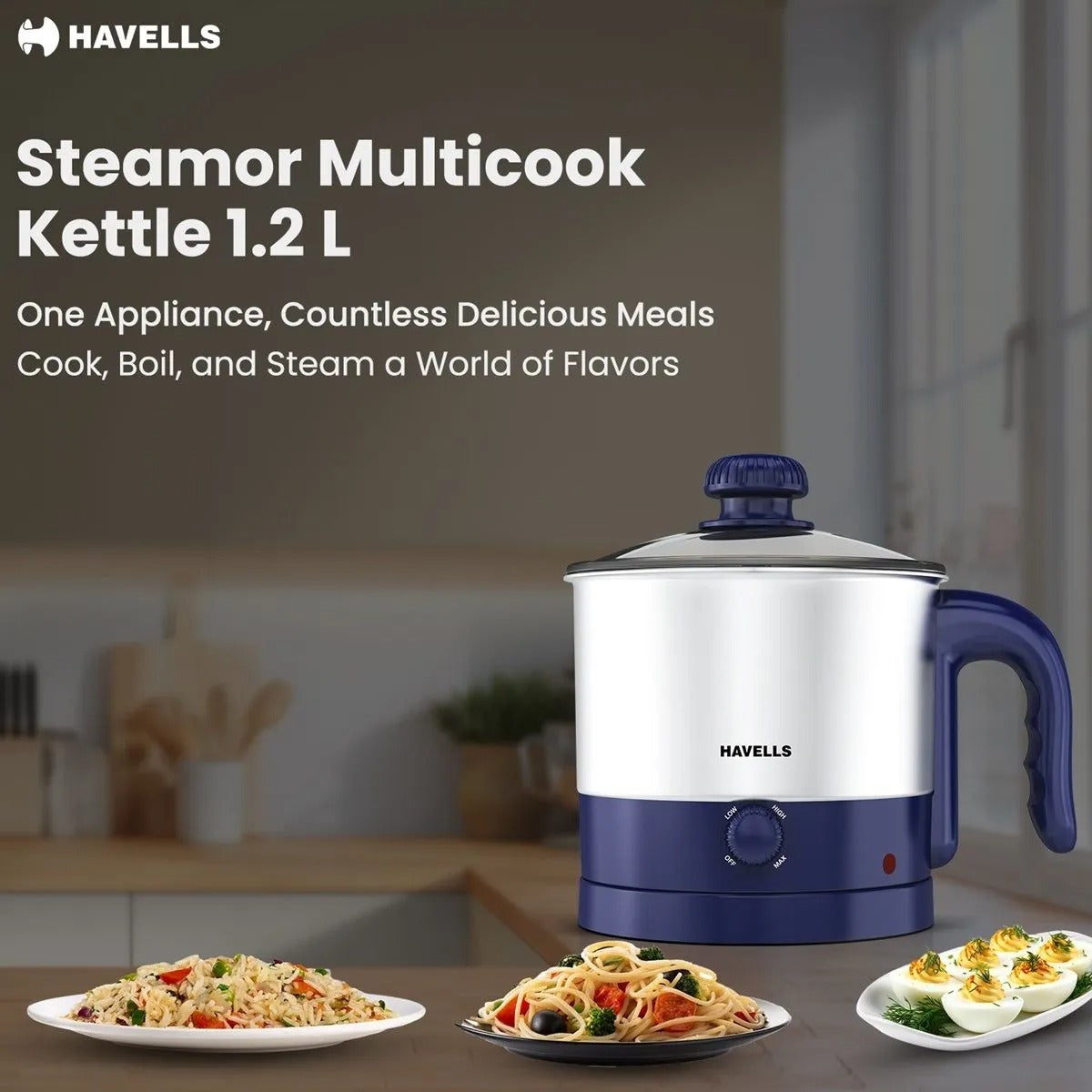 Havells Steamor Multicook Electric Kettle (Blue, 1.2 Litre)
