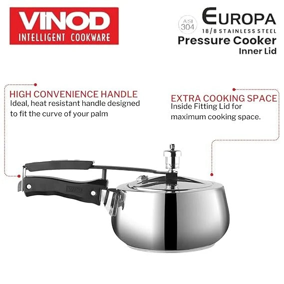Vinod Europa Stainless Steel Handi Shape Inner Lid Pressure Cooker, Induction Friendly (2 L)