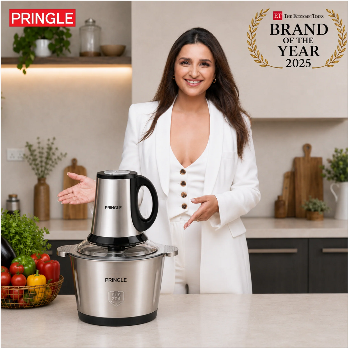 Pringle QuadMax Electric Vegetable & Meat Chopper, 3 Litre Stainless Steel Bowl (3 Speed Settings, 4 Stainless Steel Blades)