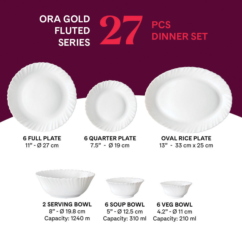Larah by Borosil Ora Gold Opalware Dinner Set 27 Pieces