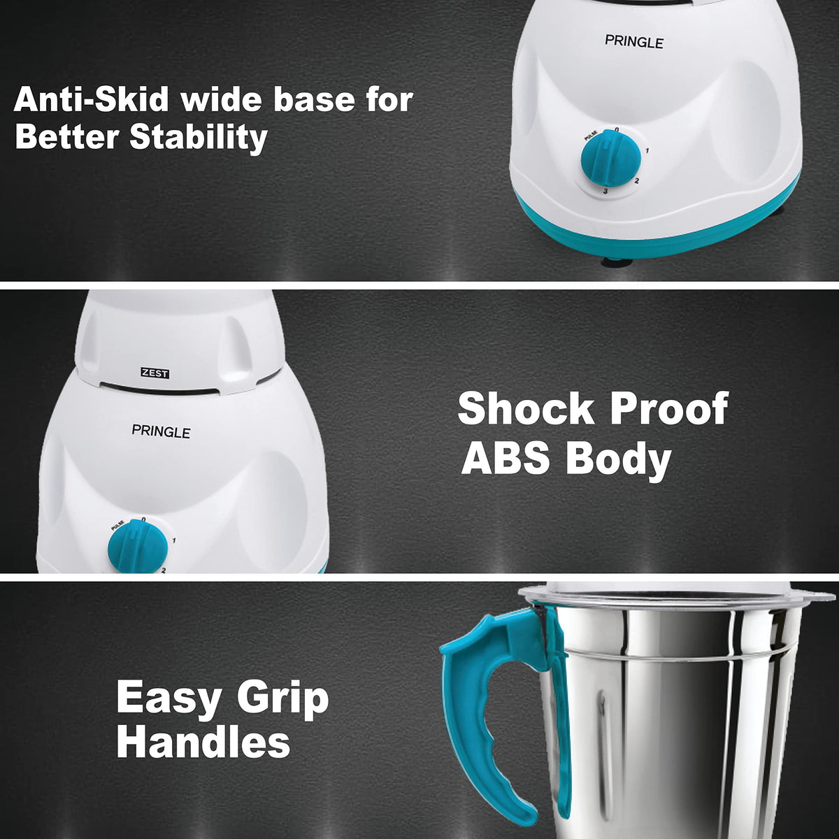 Pringle Zest mixer grinder anti-skid base shock proof ABS body and easy grip handle