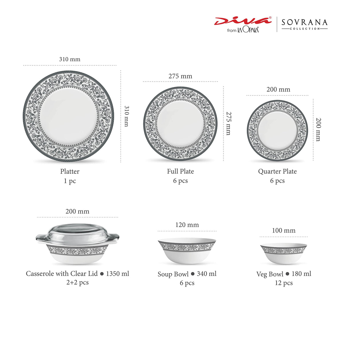 La Opala Diva Sovrana Persian Grey Opalware Dinner Set (35 Pieces)