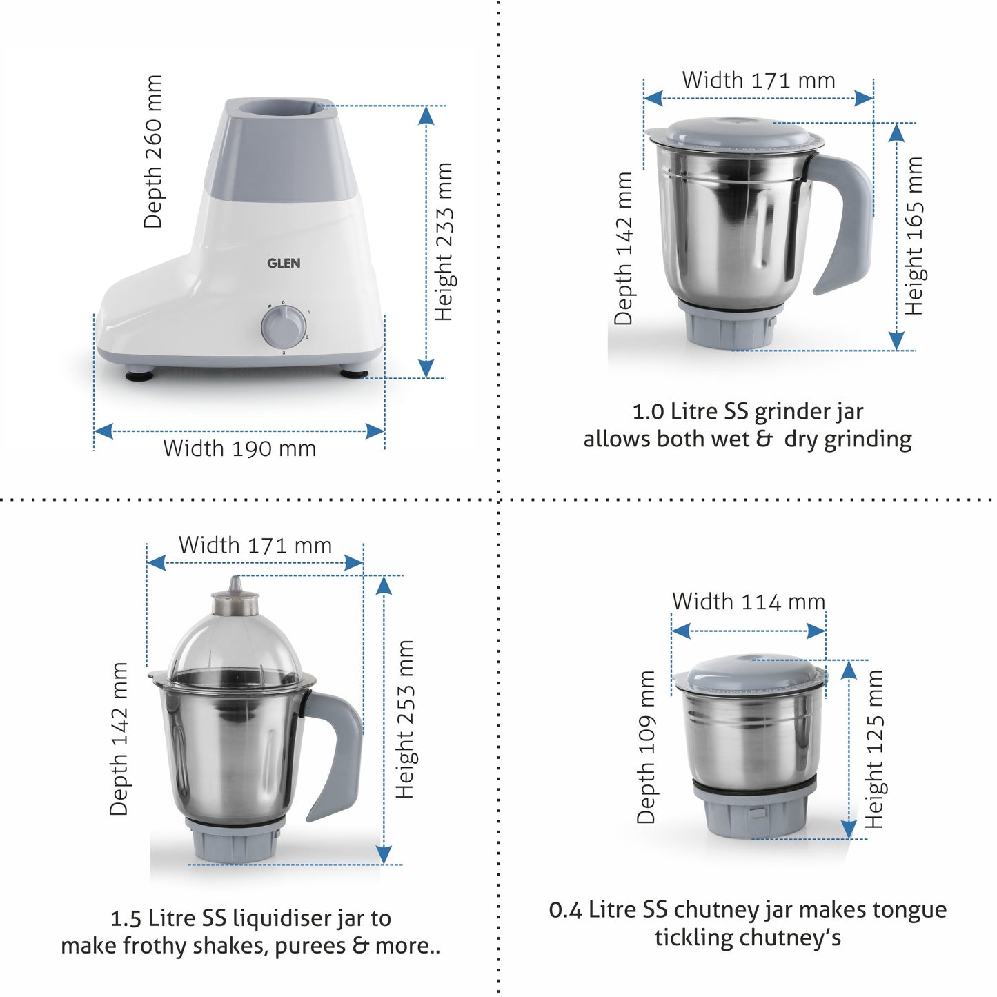 Glen 4025 750W Mixer Grinder with 3 Stainless Steel Jars