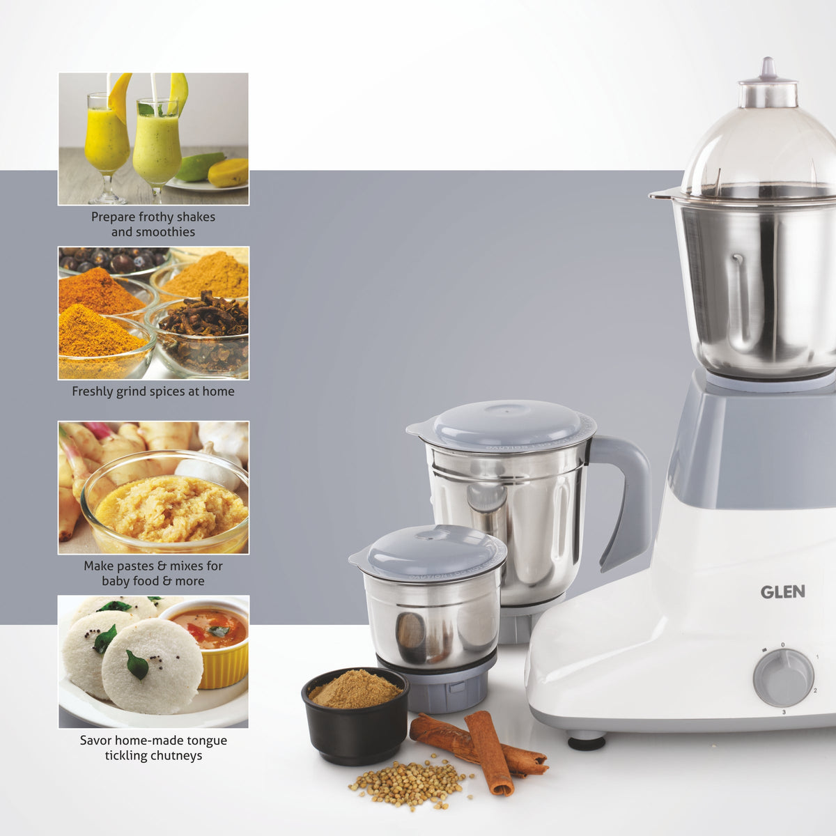 Glen 4025 750W Mixer Grinder with 3 Stainless Steel Jars
