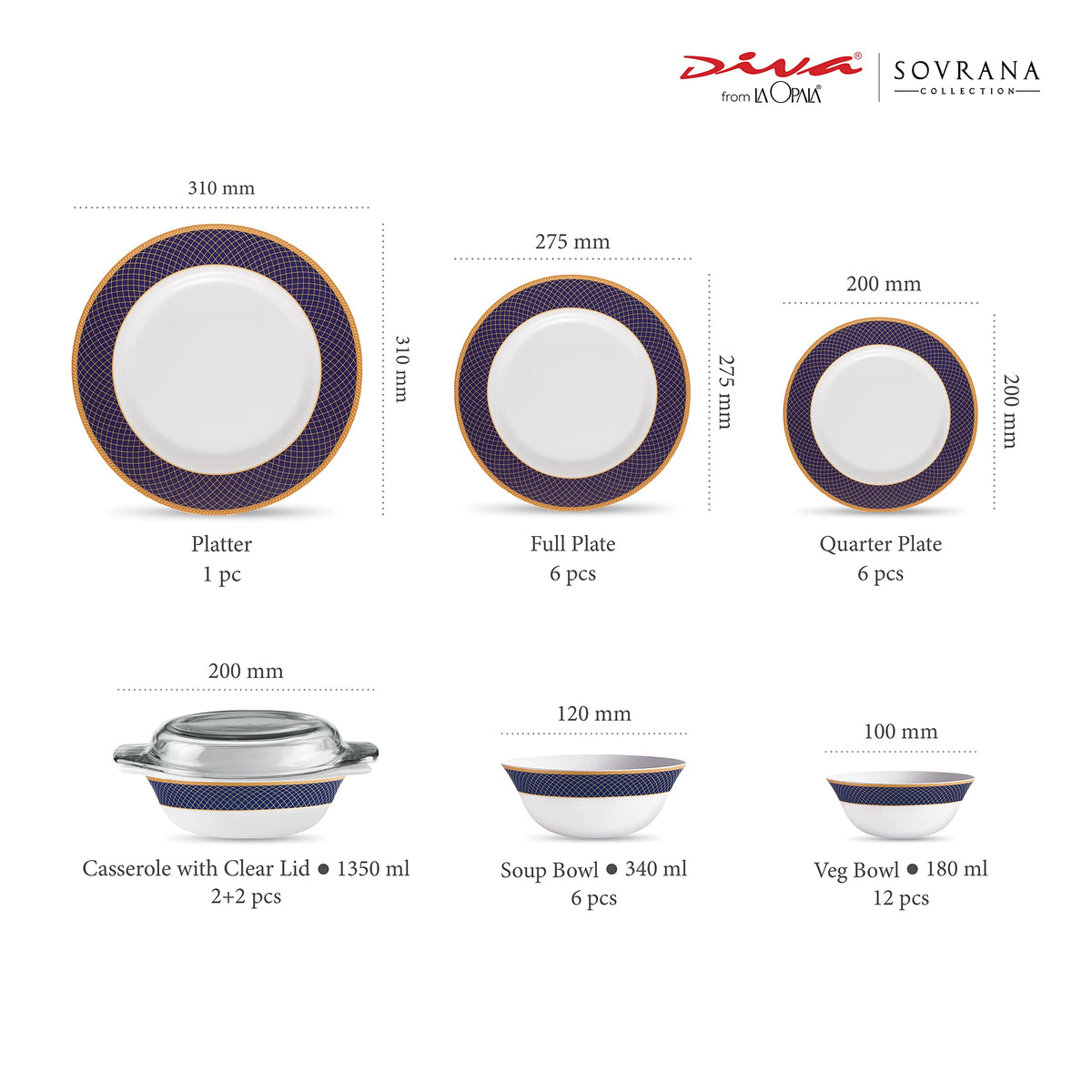 La Opala Diva Sovrana Regent Blue Opalware Dinner Set (35 Pieces)