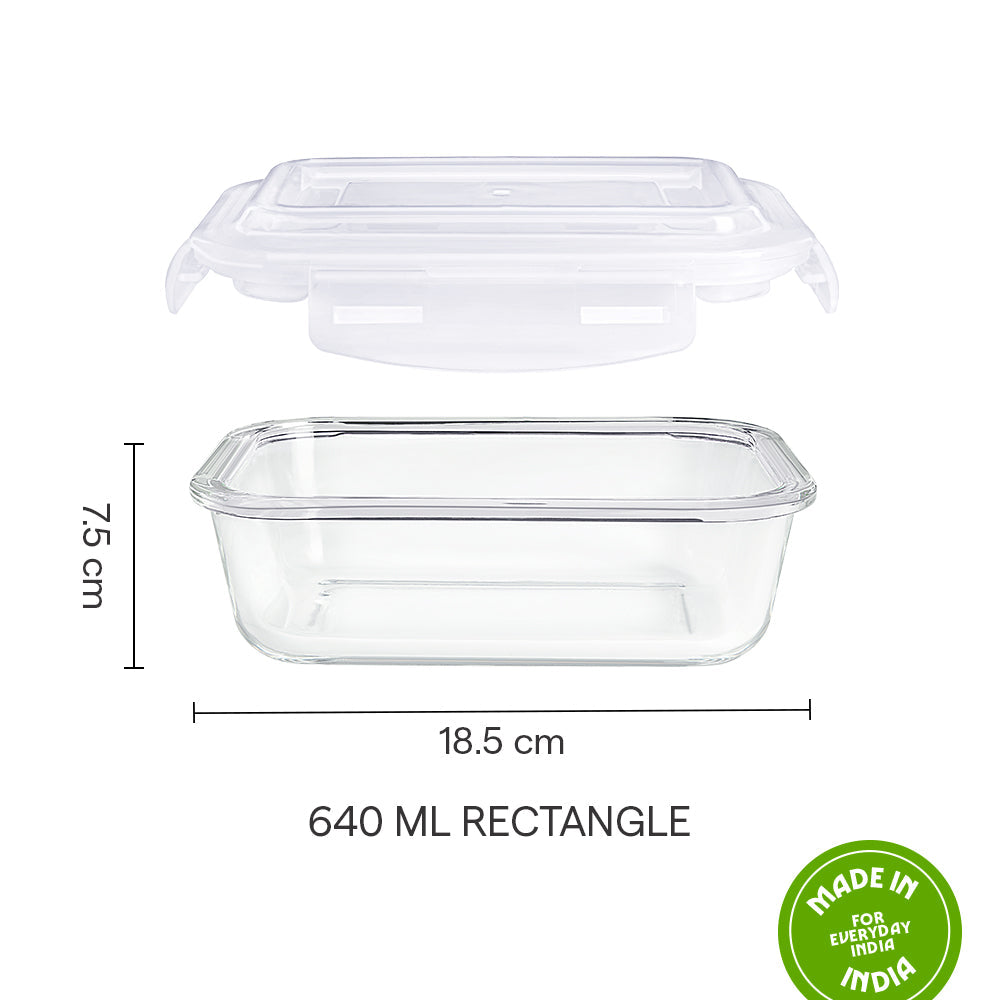 Borosil Klip N Store Rectangle Glass Container (640 ml)