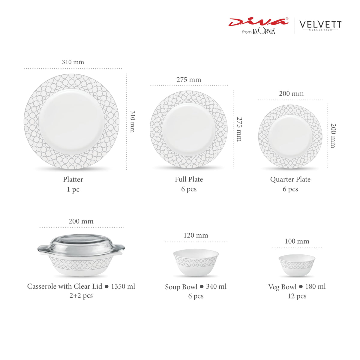La Opala Diva Velvett Pearl Grey Opalware Dinner Set (35 Pieces)