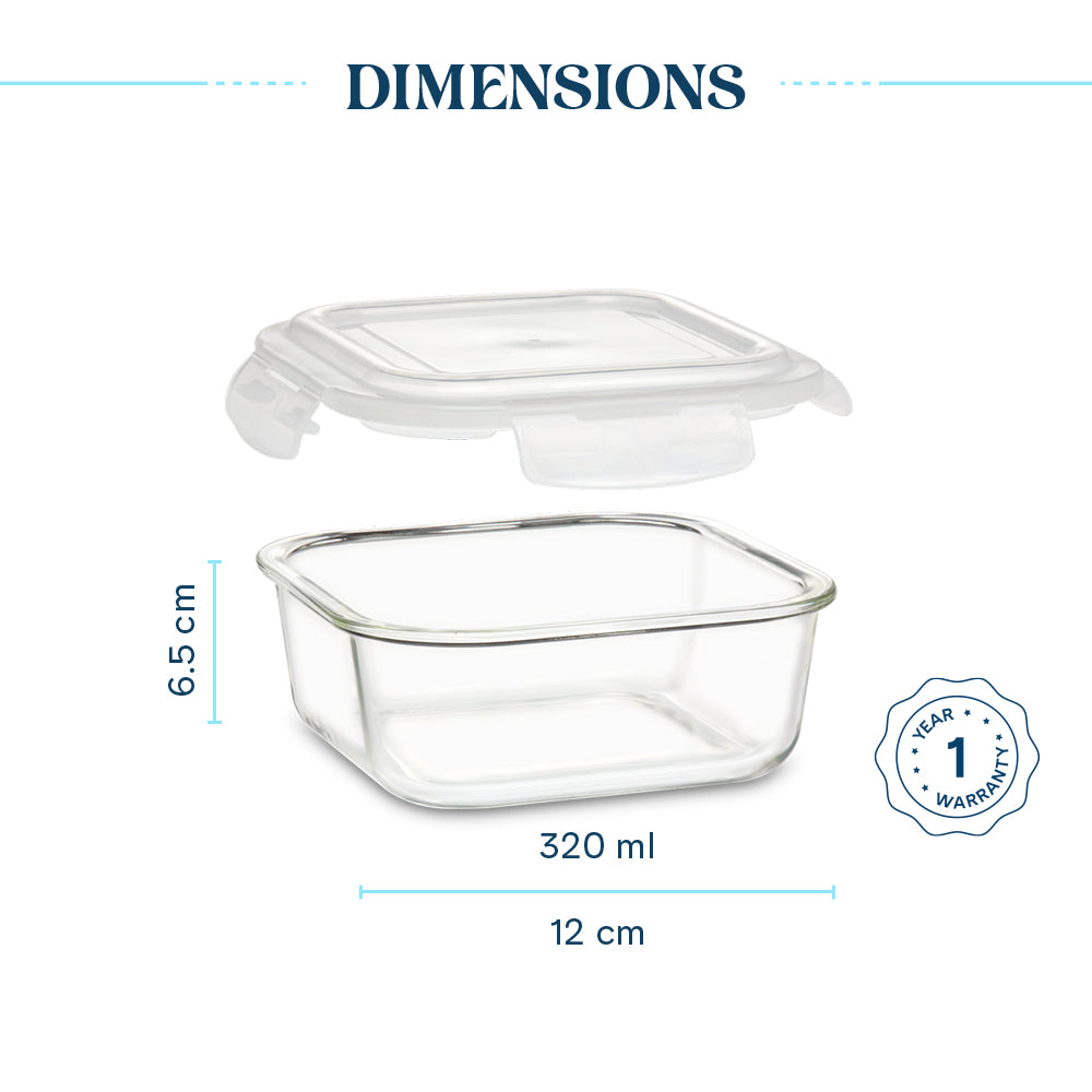 Borosil Klip N Store Square Glass Container (320 ml)
