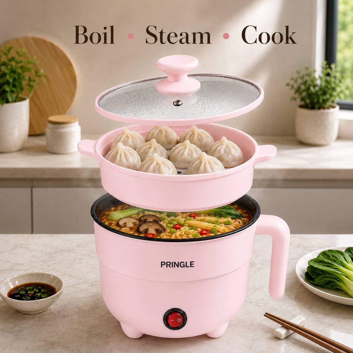 Pringle Fusion Multi-Cook Electric Kettle with Steamer, Pink (1.8L, 600W)