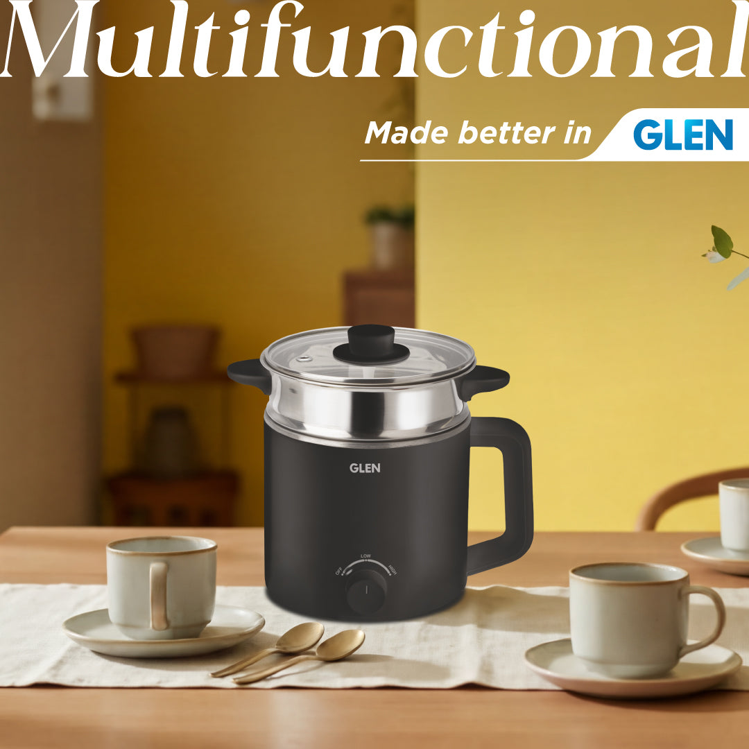 Glen Multi Cook Electric Kettle with Steamer, Silver & Black (1.5L, 600W)