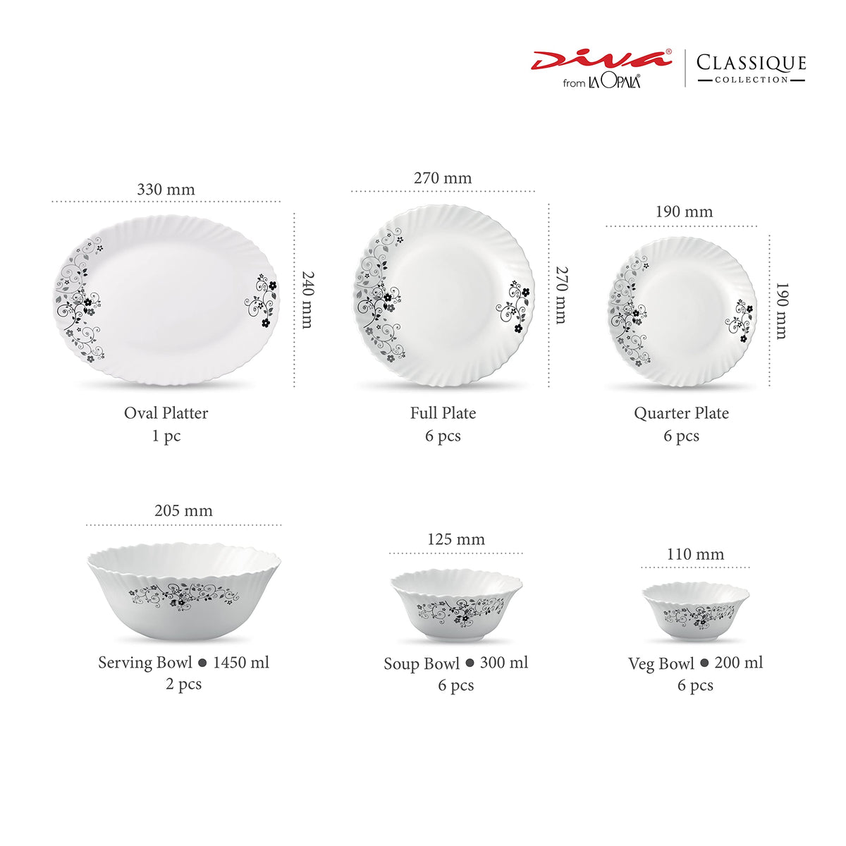 La Opala Diva Classique Mystrio Black Opalware Dinner Set (35 Pieces)