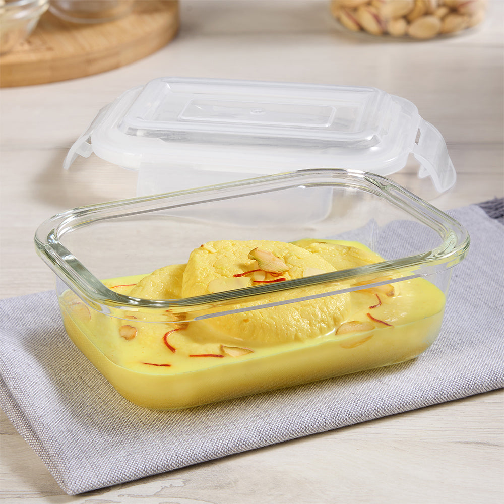 Borosil Klip N Store Rectangle Glass Container (370 ml)