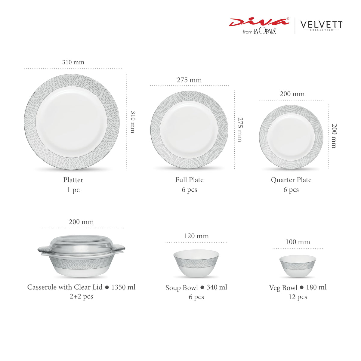 La Opala Diva Velvett Stella Grey Opalware Dinner Set (35 Pieces)