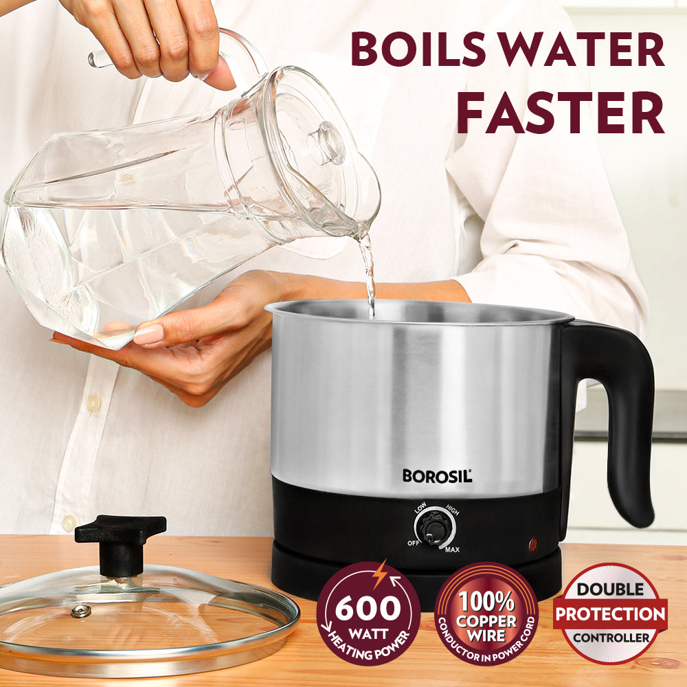 Borosil Omni Stainless Steel Multi-Purpose Electric Kettle, Silver & Black (1L, 600W)