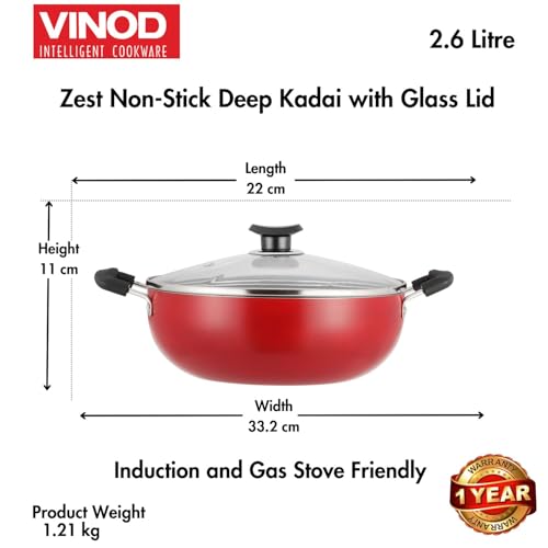 Vinod Zest Inducto Non-Stick Deep Kadhai with Glass Lid (2.6 L)