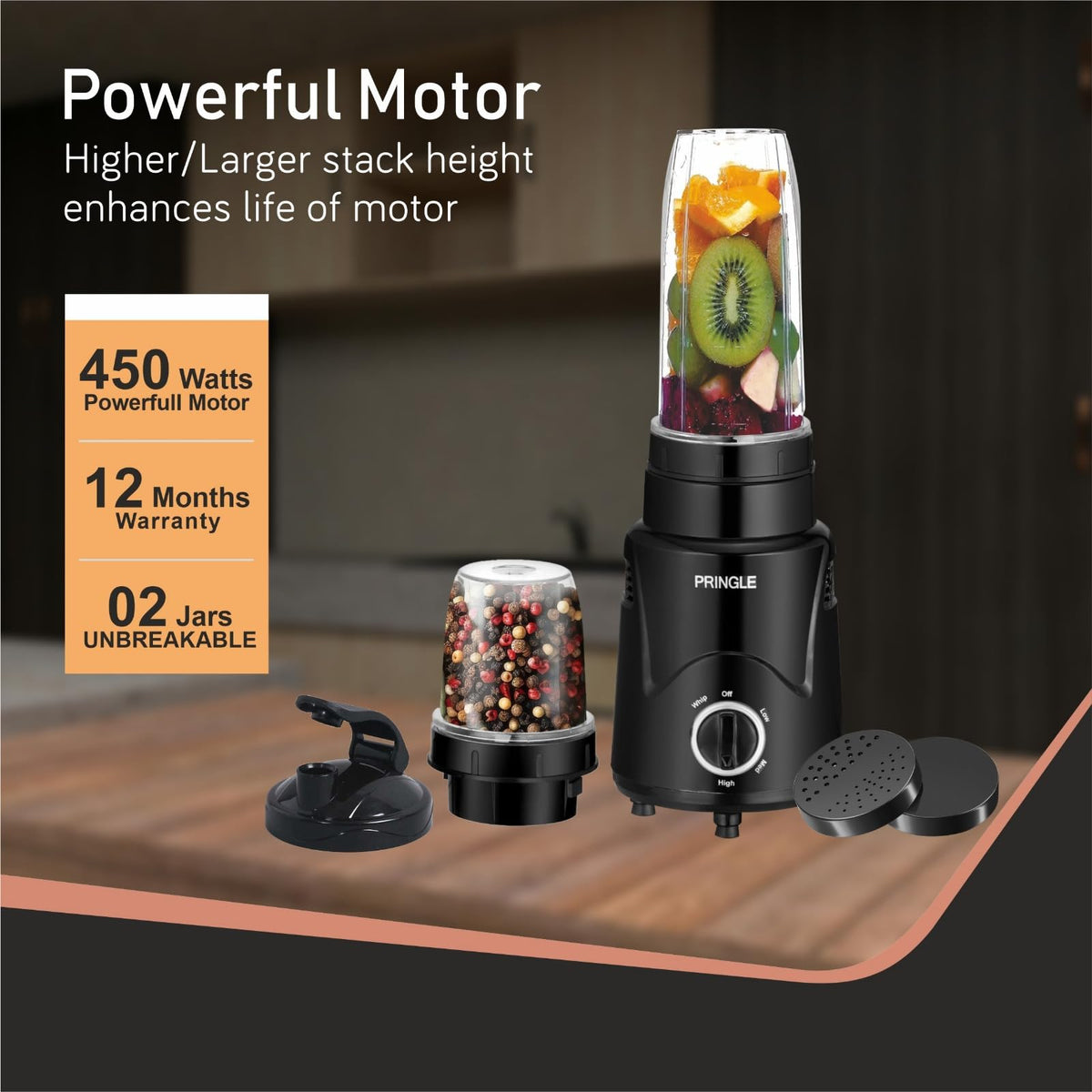 Pringle Alexa Nutri Blender & Mixer Grinder with 2 Jars, Black (450W)