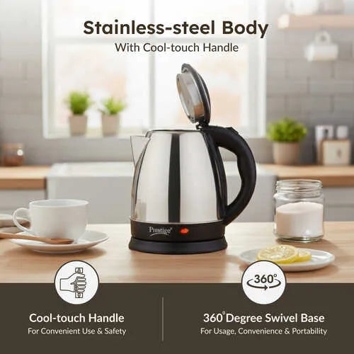 Prestige PKOSS 1.5L Stainless Steel Electric Kettle, Silver & Black (1350W)