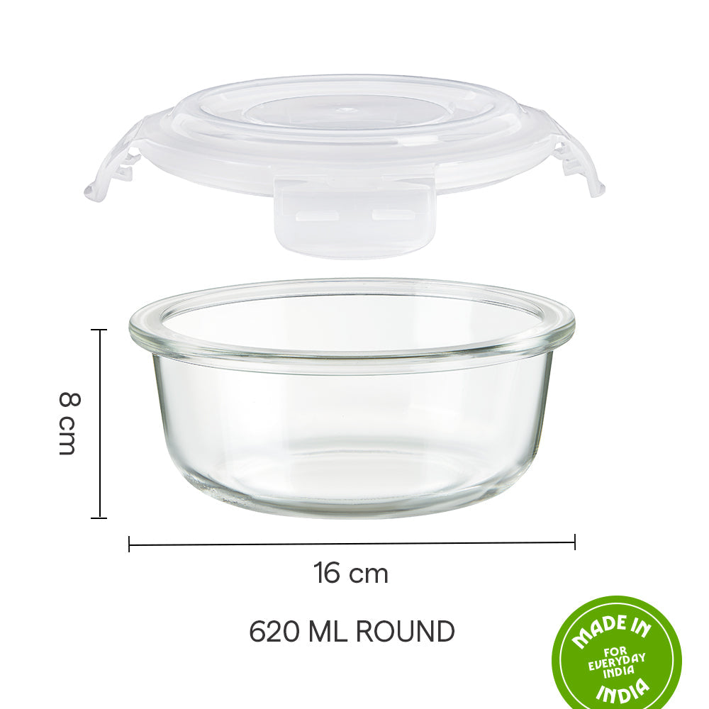 Borosil Klip N Store Round Glass Container (620 ml)
