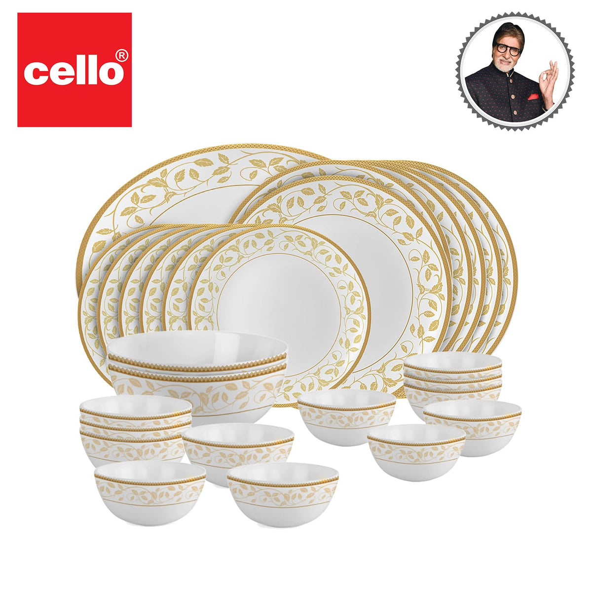 Cello Divine Amber Gold Opalware Dinner Set (27 Pieces)