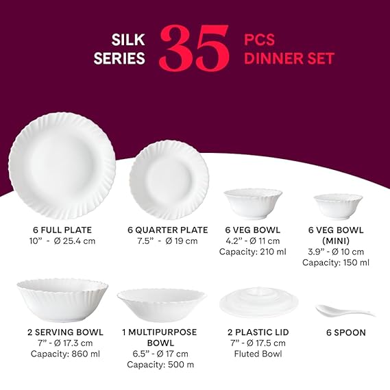 Larah by Borosil Helena Opalware Dinner Set – 35 Pieces
