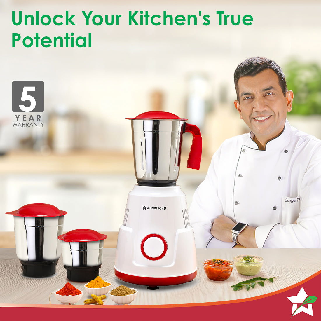 Wonderchef Robo Mixer Grinder (Red & White) (500W)