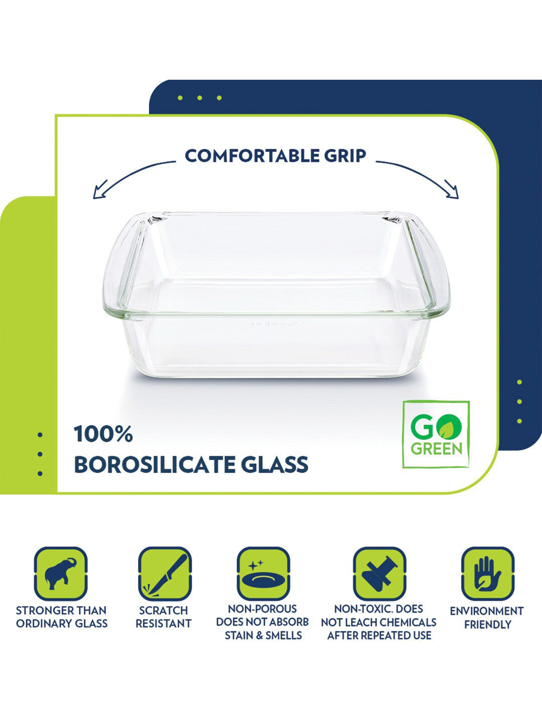 Borosil Square Dish with Handle Easy Grip (2 L)