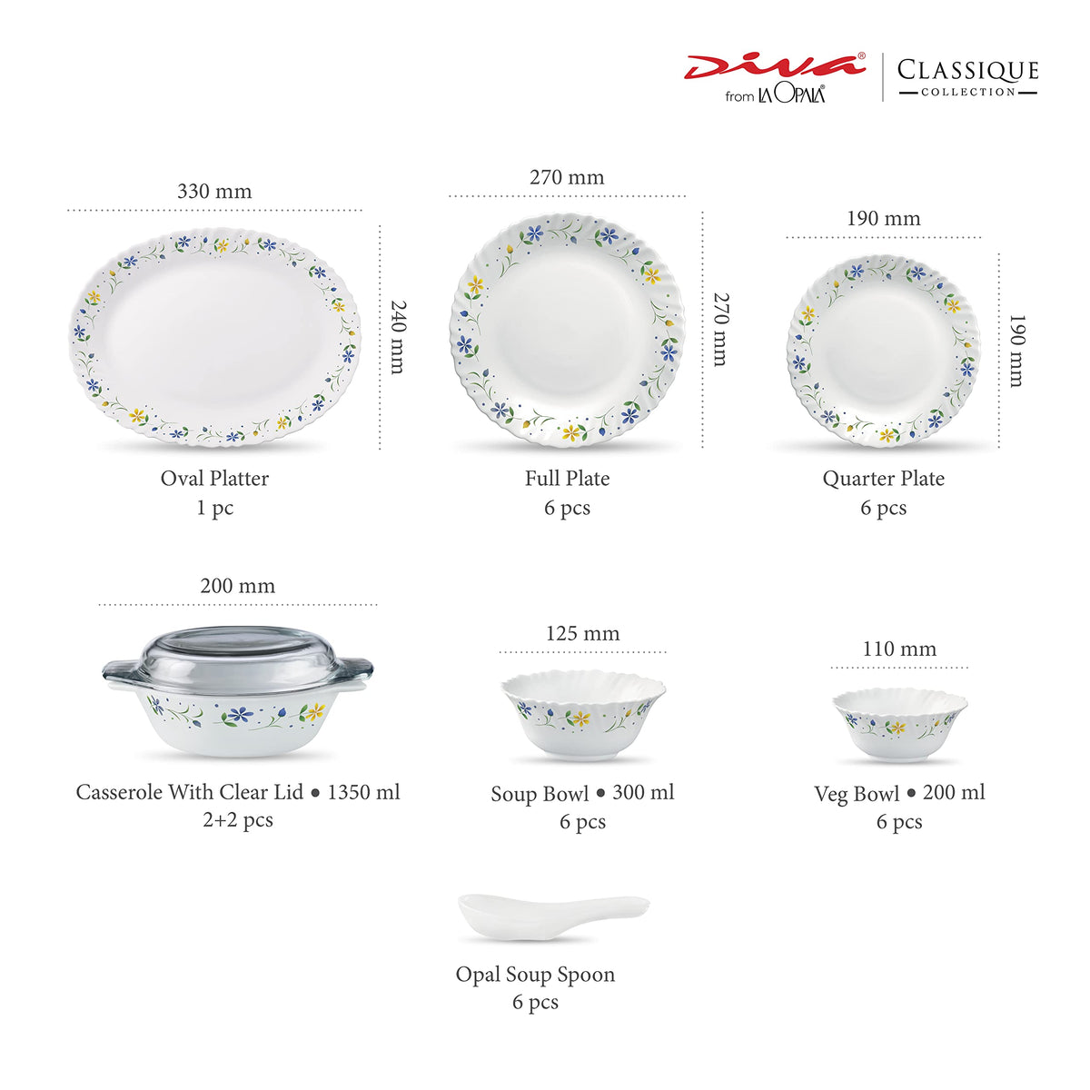 La Opala Diva Classique Twilight Bouquet Opalware Dinner Set (35 Pieces)