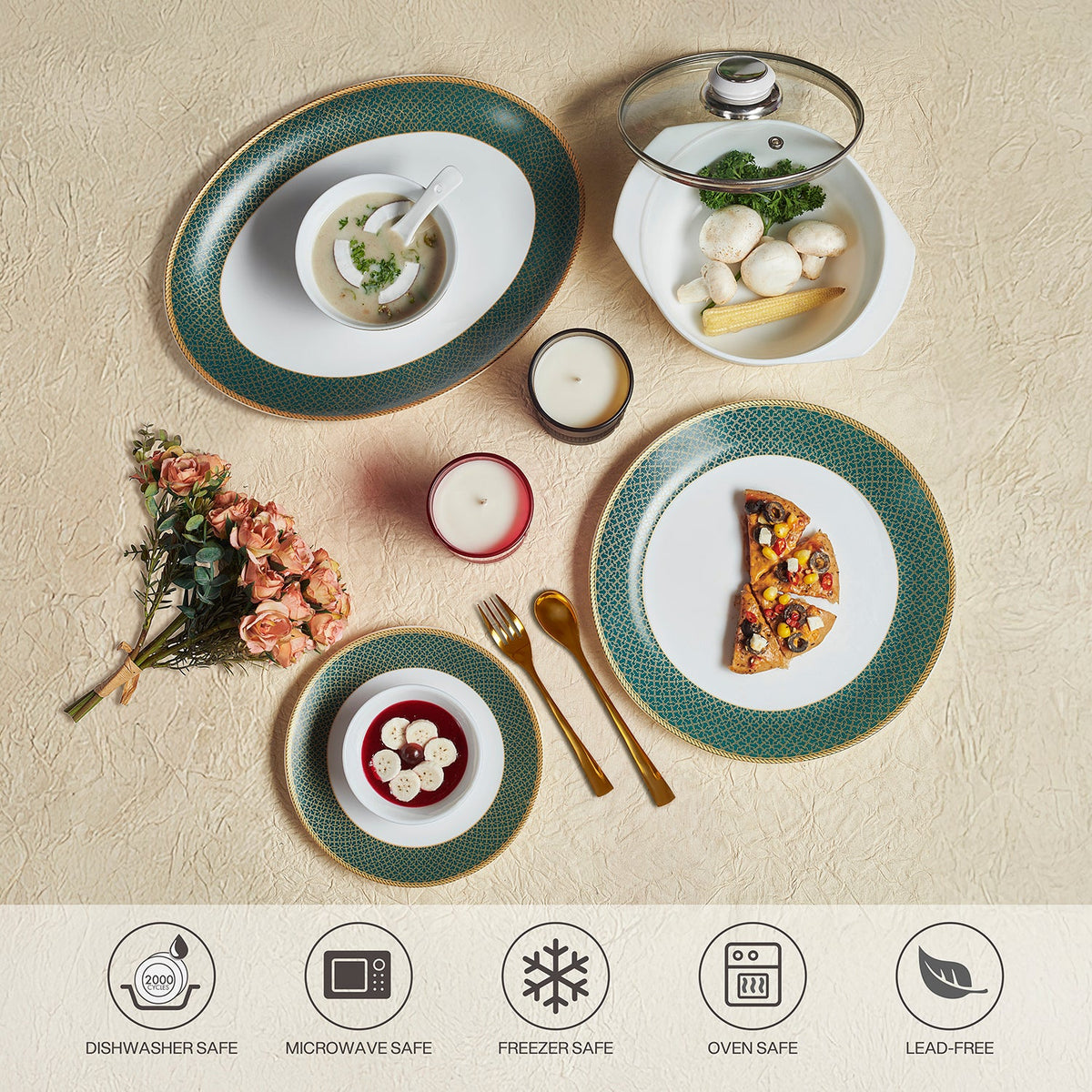 Cello Solitaire Emerald Opalware Dinner Set (35 Pieces)