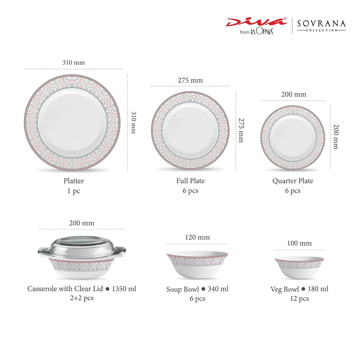 La Opala Diva Sovrana Moroccan Pink Opalware Dinner Set (35 Pieces)