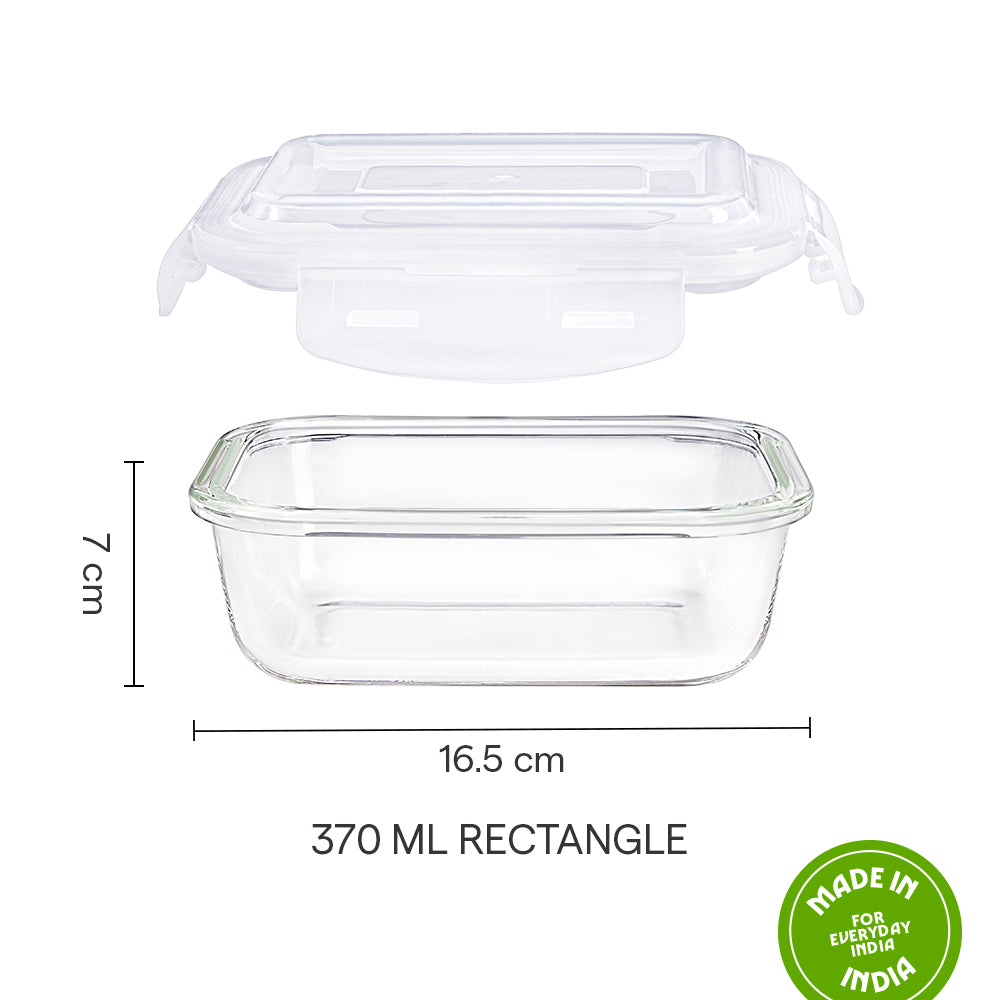 Borosil Klip N Store Rectangle Glass Container (370 ml)