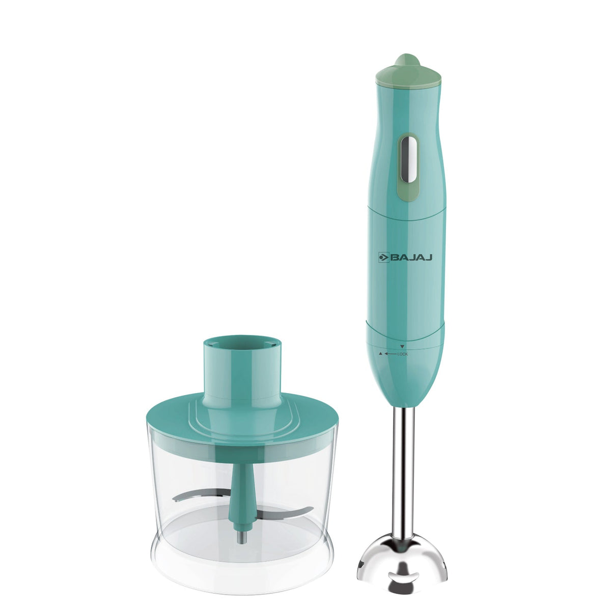 Bajaj HB22 300W pale green hand blender with stainless steel stem and chopper bowl