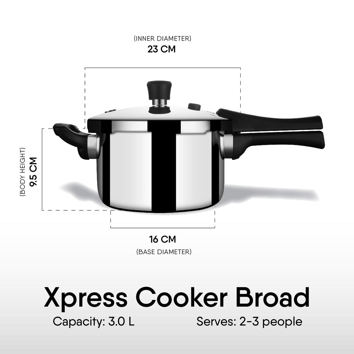 Stahl Triply Stainless Steel Versatil 3L Broad Pressure Cooker with Lid Induction & Gas Compatible  Inner Lid  Premium 3-Layer Stainless Steel Cooker