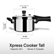 Stahl Xpress Triply Stainless Steel Pressure Cooker 3L Tall ISI Certified Induction & Gas Compatible