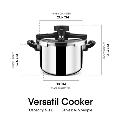 Stahl Triply Stainless Steel Versatil 5L Pressure Cooker with Lid Induction & Gas Compatible Inner Lid Premium 3-Layer Stainless Steel Cooker