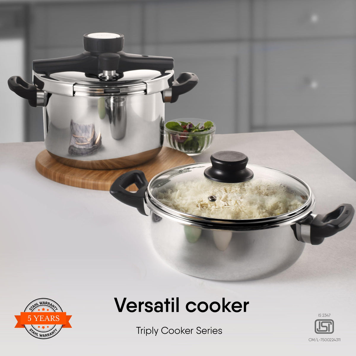 Stahl Triply Stainless Steel Versatil 5L Pressure Cooker with Lid Induction & Gas Compatible Inner Lid Premium 3-Layer Stainless Steel Cooker