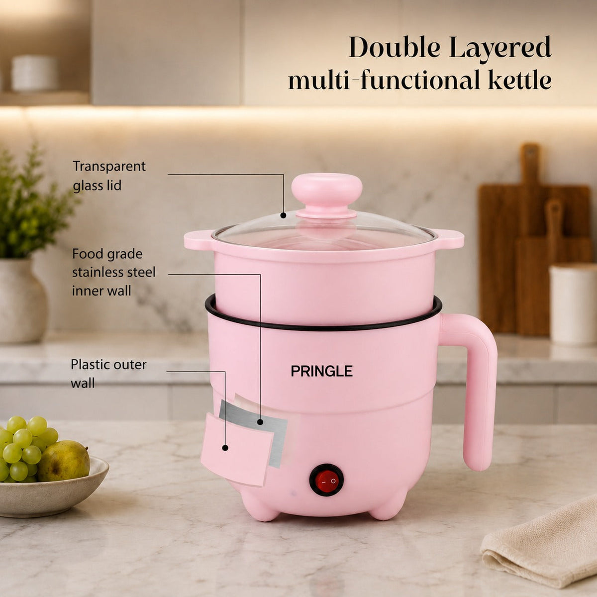 Pringle Fusion Multi-Cook Electric Kettle with Steamer, Pink (1.8L, 600W)