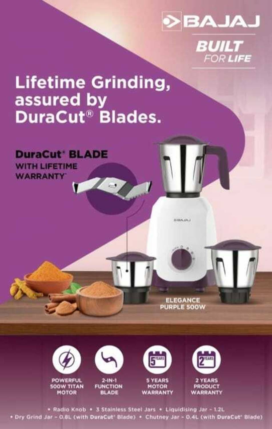 Bajaj Ninja Series Elegance Mixer Grinder, Purple (3 Jars) (500W)