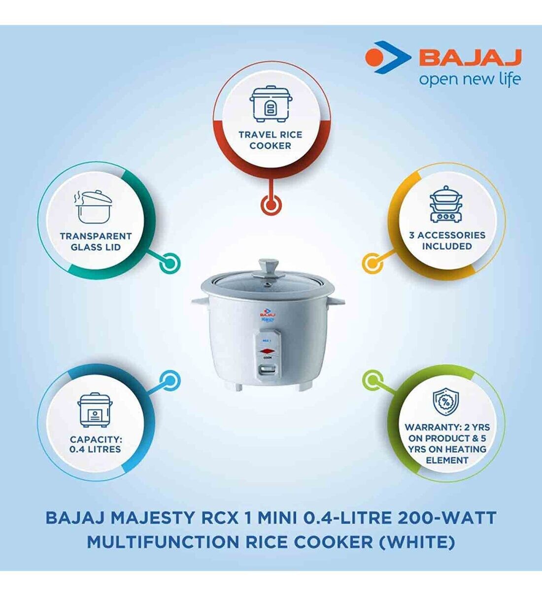 Bajaj Majesty RCX1 Mini Rice Cooker, White (400ml) (200W)