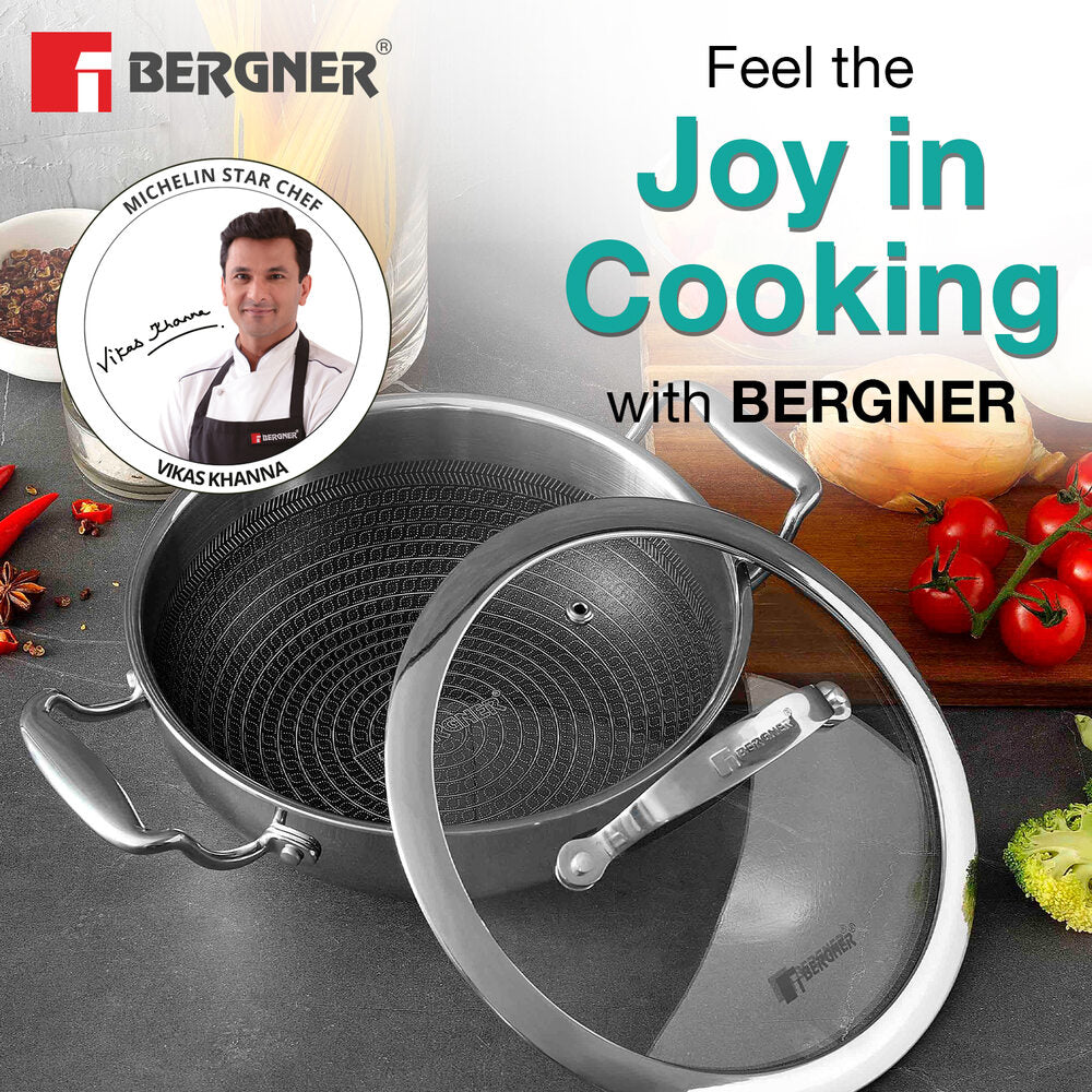 Bergner Hi-Tech Prism Kadai with Glass Lid (1.5L, 20 cm)