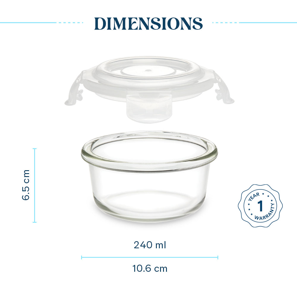 Borosil Klip N Store Round Glass Container (240 ml)
