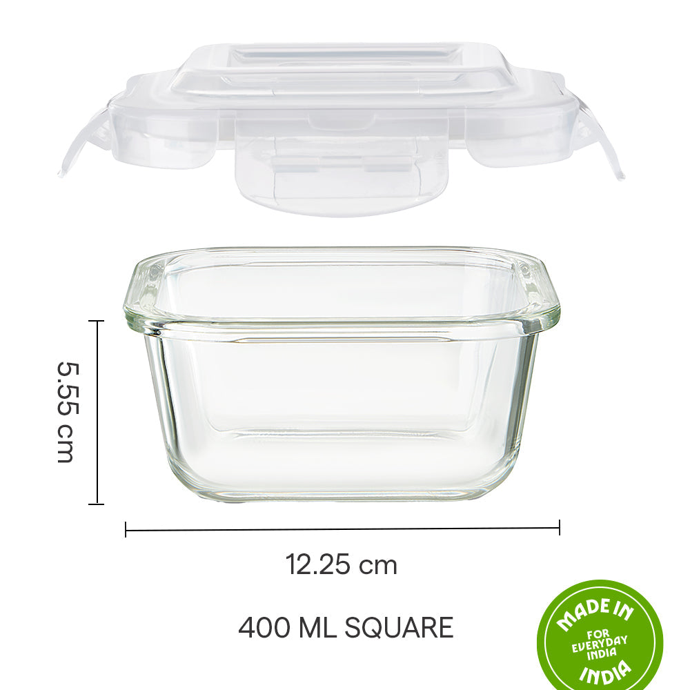 Borosil Klip N Store Square Glass Container (400 ml)