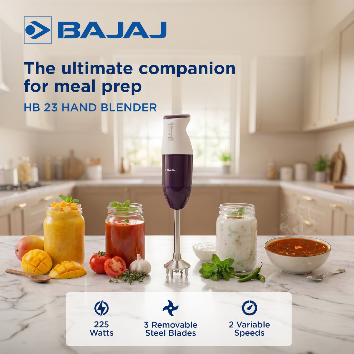 Bajaj HB 23 Hand Blender with Wall Mount, Purple & White (160W)