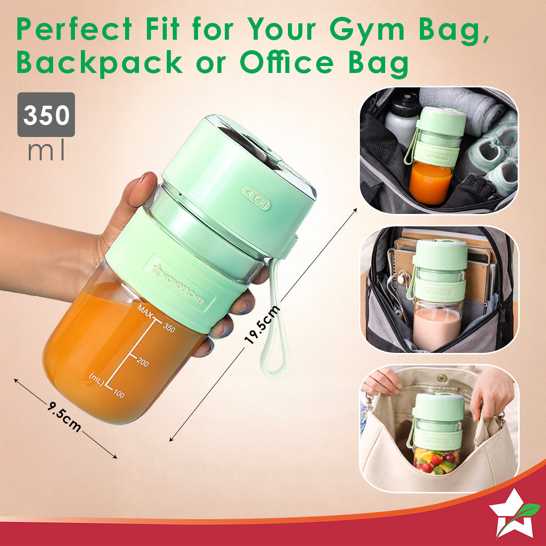 Wonderchef Nutri-Cup Zip Rechargeable Portable Blender, Green (350ml)