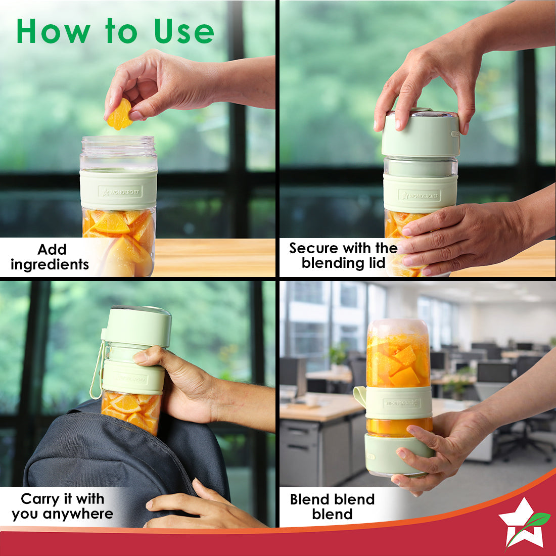 Wonderchef Nutri-Cup Zip Rechargeable Portable Blender, Green (350ml)