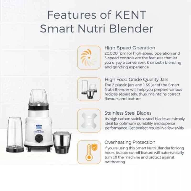 Kent Smart Nutri Blender 16067 Mixer Grinder with 3 Jars, White (450W)