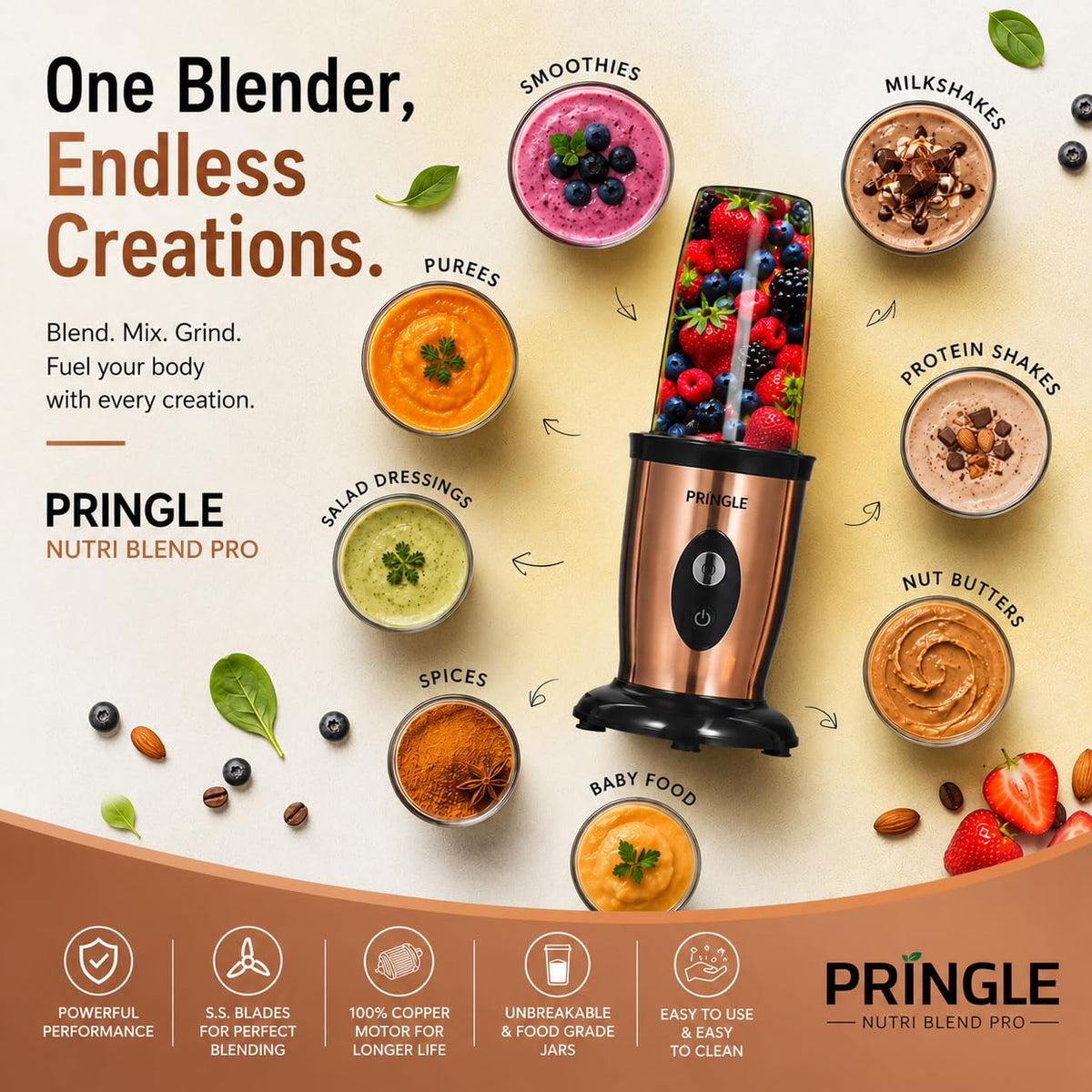 Pringle NB100 Pro High-Speed Nutri Blender with 2 Jars, Copper (600W)