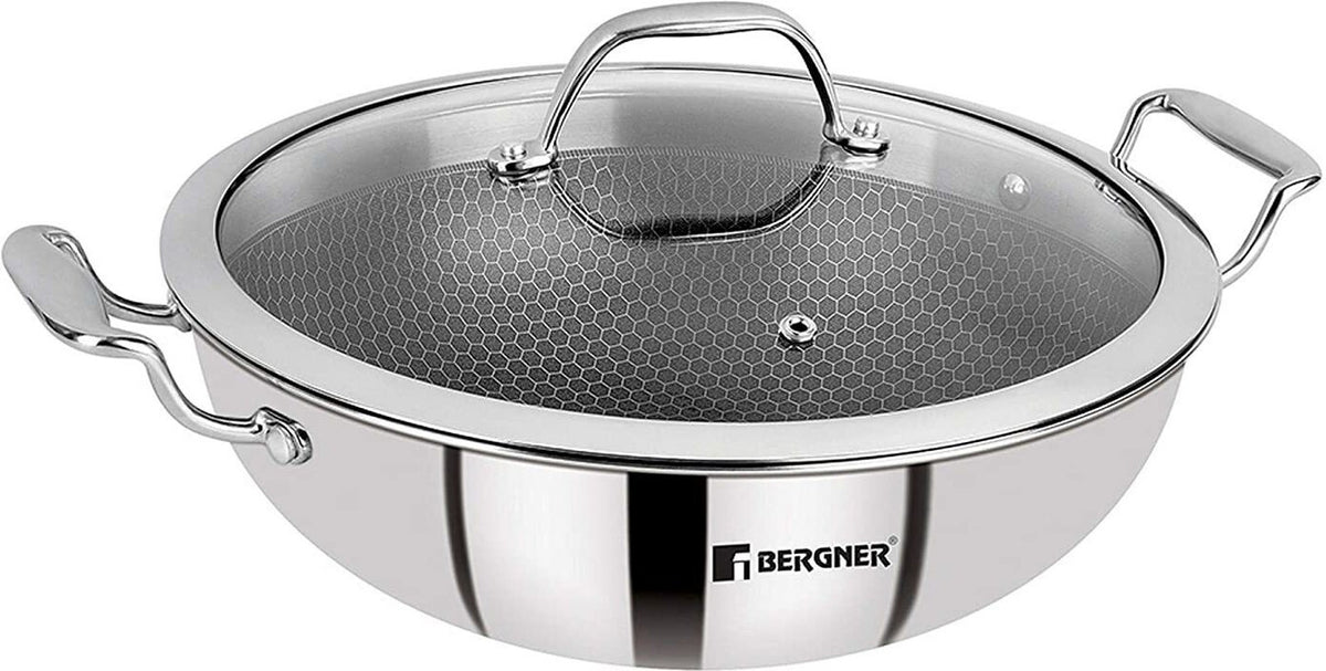 Bergner Hi-Tech Prism Kadai with Glass Lid (3.5L, 26 cm)