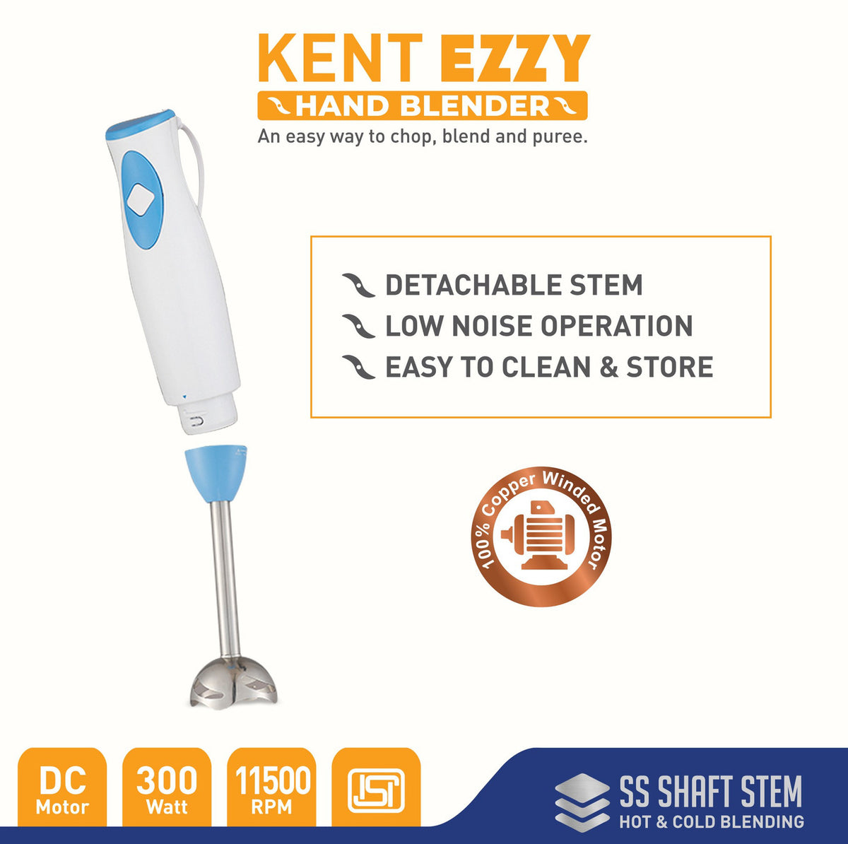 KENT EZZY Hand Blender, White & Blue (300W)