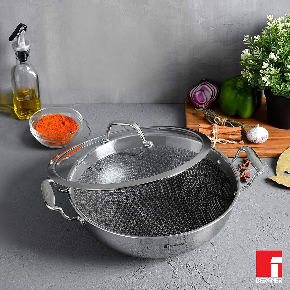 Bergner Hi-Tech Prism Kadai with Glass Lid (3.5L, 26 cm)